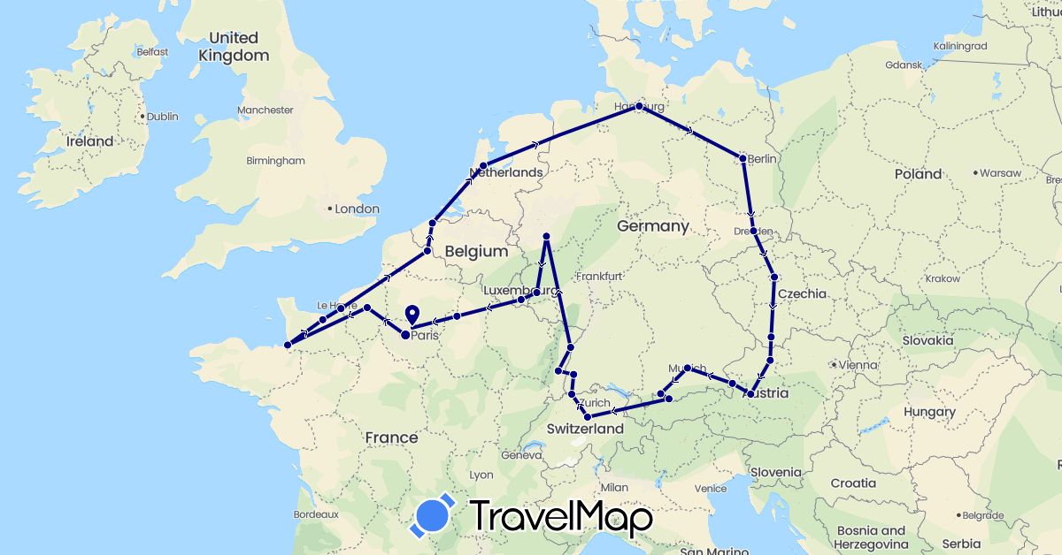 TravelMap itinerary: driving in Austria, Belgium, Switzerland, Czech Republic, Germany, France, Luxembourg, Netherlands (Europe)